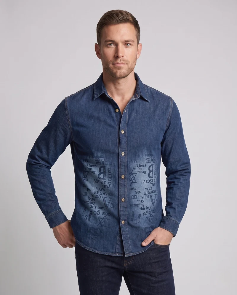 Herren Druck-Denim-Hemd im Overshirt-Stil mit Knopfleiste und lässiger Passform Nord Taschen