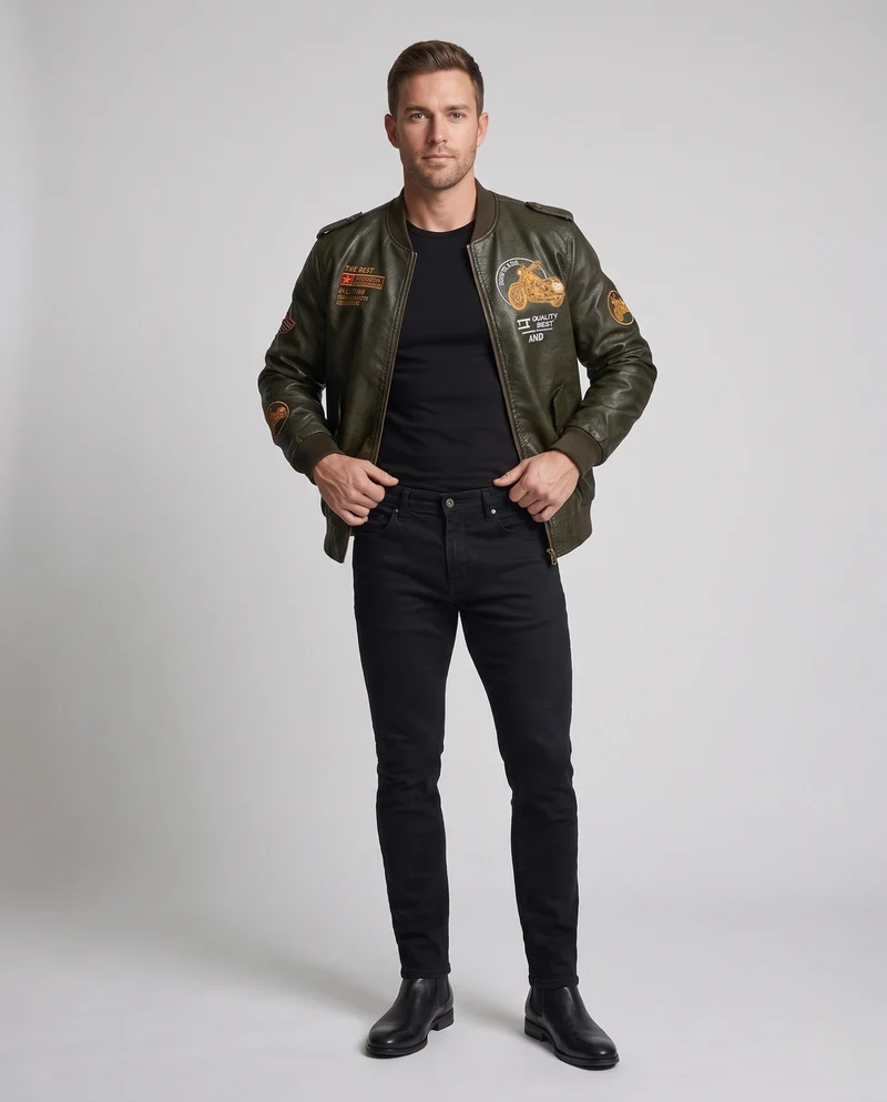 Herren Biker-Stil Kunstleder Bomberjacke mit gefüttertem Thermoinnenfutter und bestickten Applikationen Nord Taschen
