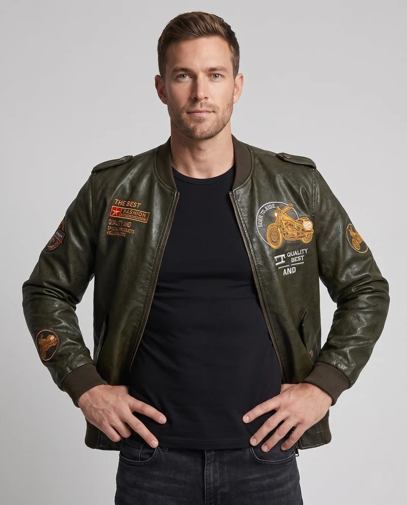 Herren Biker-Stil Kunstleder Bomberjacke mit gefüttertem Thermoinnenfutter und bestickten Applikationen Nord Taschen