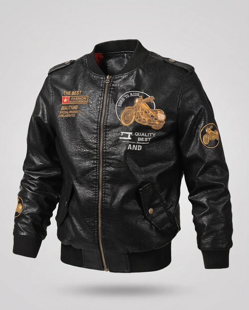 Herren Biker-Stil Kunstleder Bomberjacke mit gefüttertem Thermoinnenfutter und bestickten Applikationen Nord Taschen