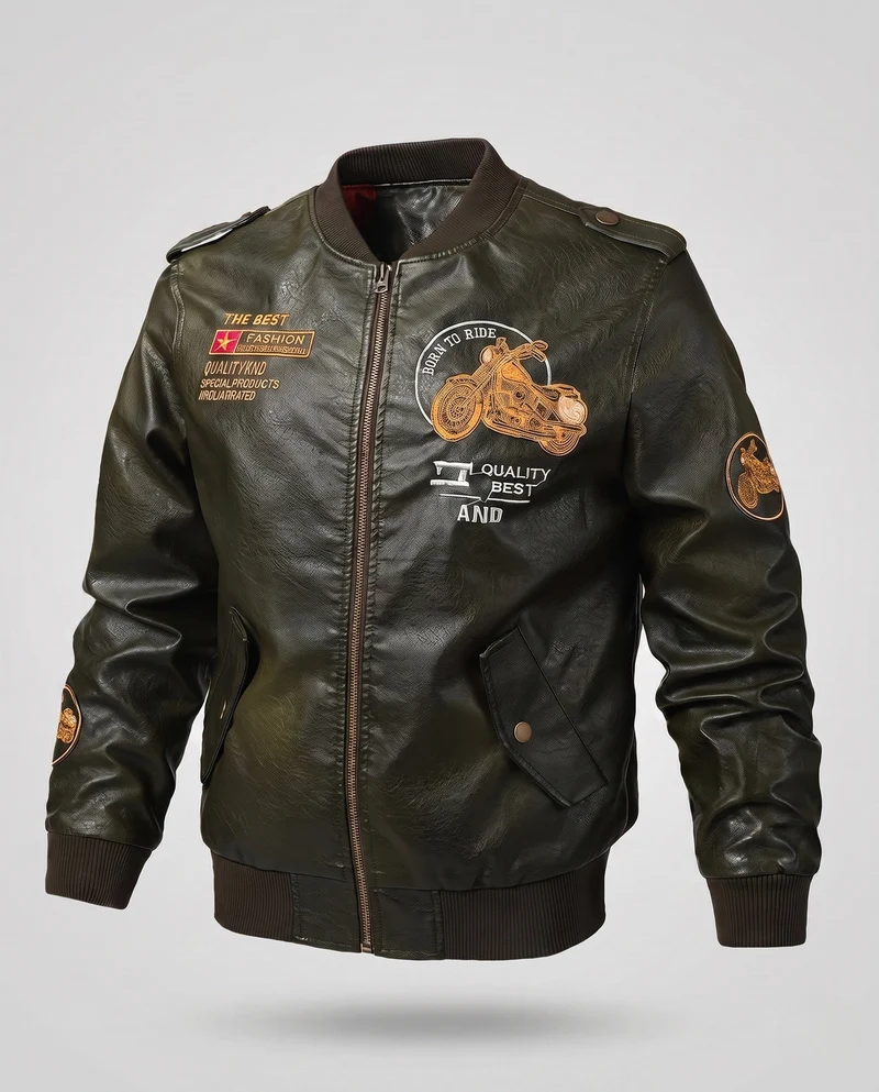 Herren Biker-Stil Kunstleder Bomberjacke mit gefüttertem Thermoinnenfutter und bestickten Applikationen Nord Taschen