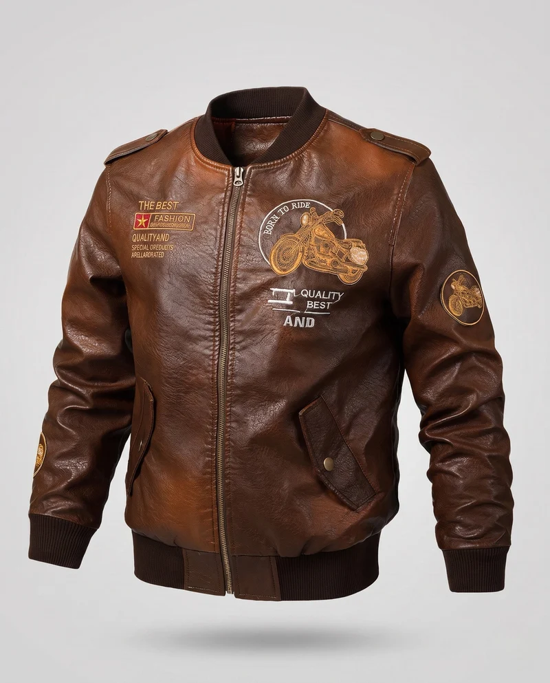 Herren Biker-Stil Kunstleder Bomberjacke mit gefüttertem Thermoinnenfutter und bestickten Applikationen Nord Taschen