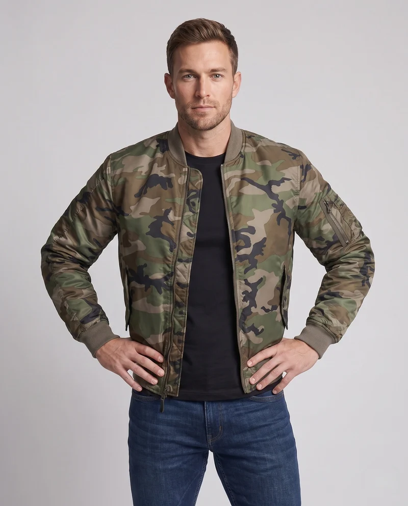 Herren Camouflage Flug-Bomberjacke mit Utility-Armtasche und gerippten Bündchen Nord Taschen