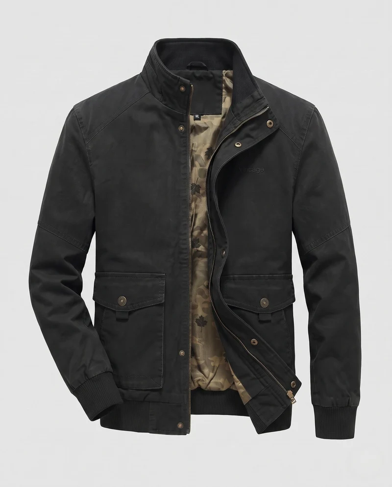 Herren-Canvas-Blouson mit gerippten Bündchen, verdecktem Frontreißverschluss und Camouflage-Futter Nord Taschen