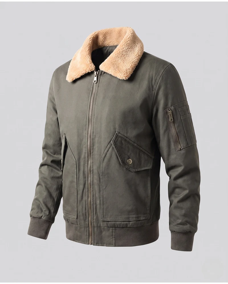 Herren Canvas Bomberjacke mit Teddykragen, Ärmeltasche und winddichter Außenschicht Nord Taschen