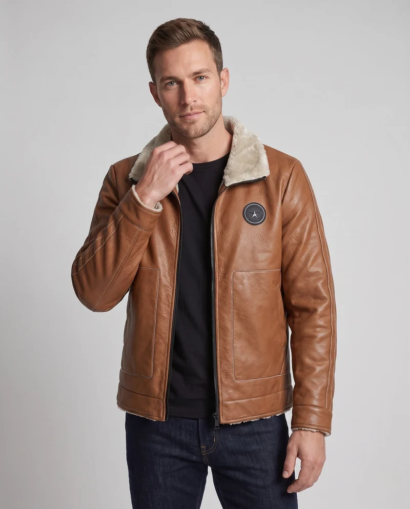 Herren Pilotenjacke aus Kunstleder mit Teddyfutter, Reißverschluss und dekorativen Nähten Nord Taschen