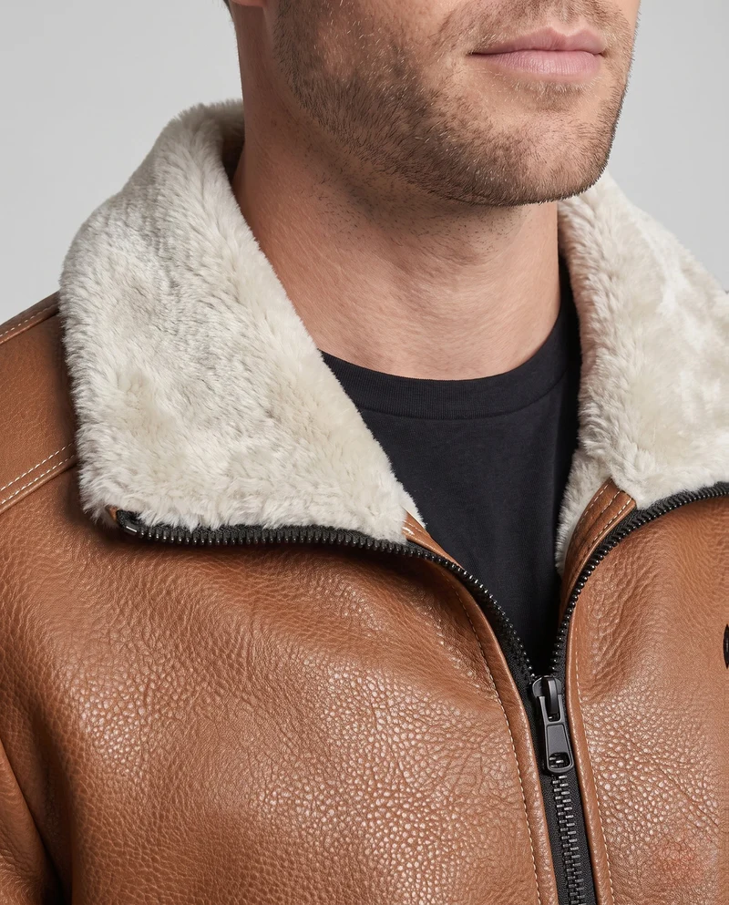 Herren Pilotenjacke aus Kunstleder mit Teddyfutter, Reißverschluss und dekorativen Nähten Nord Taschen