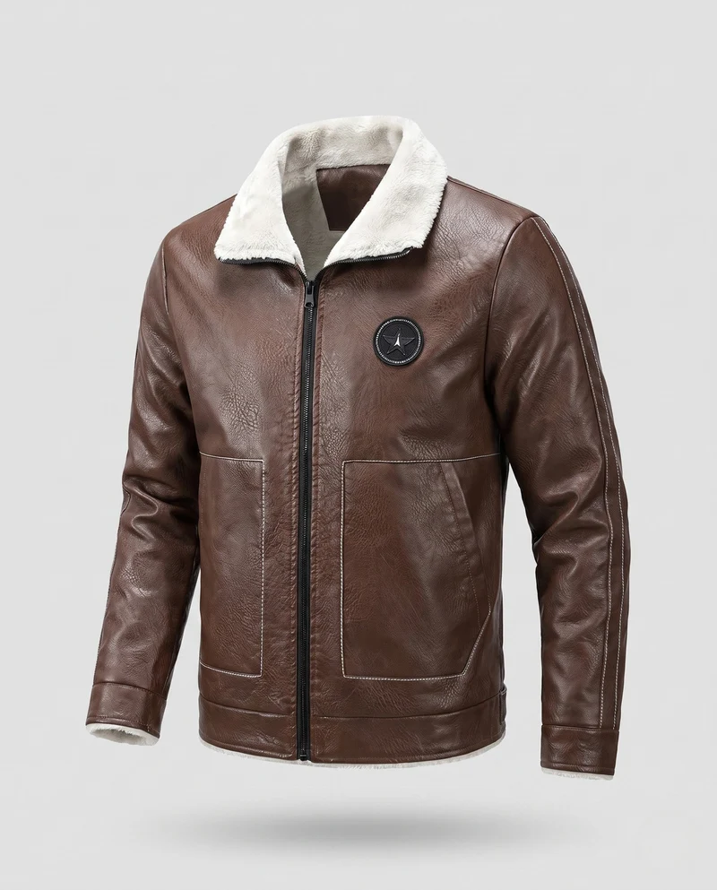 Herren Pilotenjacke aus Kunstleder mit Teddyfutter, Reißverschluss und dekorativen Nähten Nord Taschen