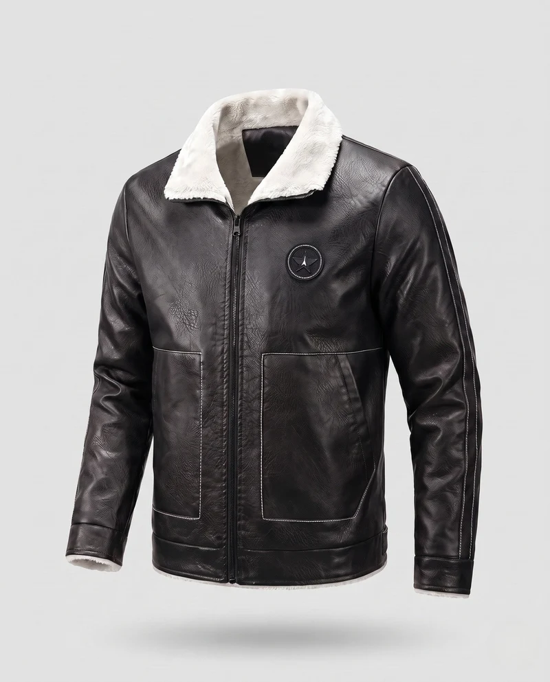 Herren Pilotenjacke aus Kunstleder mit Teddyfutter, Reißverschluss und dekorativen Nähten Nord Taschen