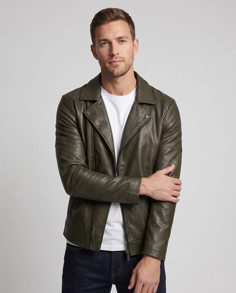 Herren Kunstleder Motorradjacke Slim Fit mit Schulterklappen und dekorativen Reißverschlüssen Nord Taschen