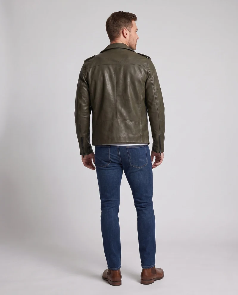 Herren Kunstleder Motorradjacke Slim Fit mit Schulterklappen und dekorativen Reißverschlüssen Nord Taschen