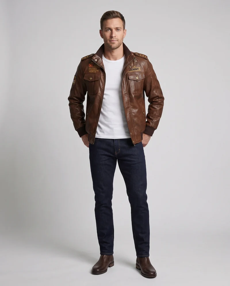 Herren-Pilotjacke aus synthetischem Leder mit wärmendem Teddyfutter und Schulterepauletten Nord Taschen