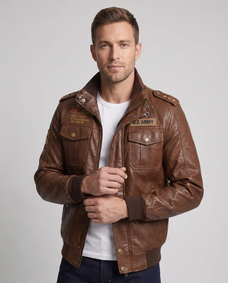 Herren-Pilotjacke aus synthetischem Leder mit wärmendem Teddyfutter und Schulterepauletten Nord Taschen