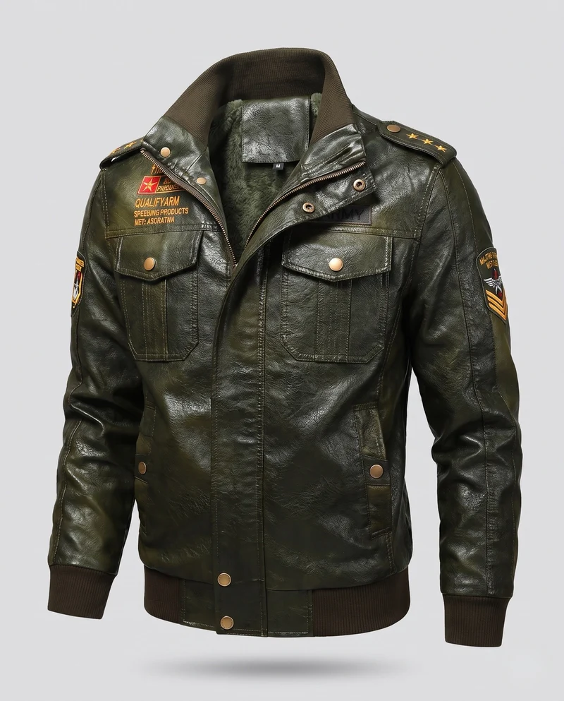 Herren-Pilotjacke aus synthetischem Leder mit wärmendem Teddyfutter und Schulterepauletten Nord Taschen