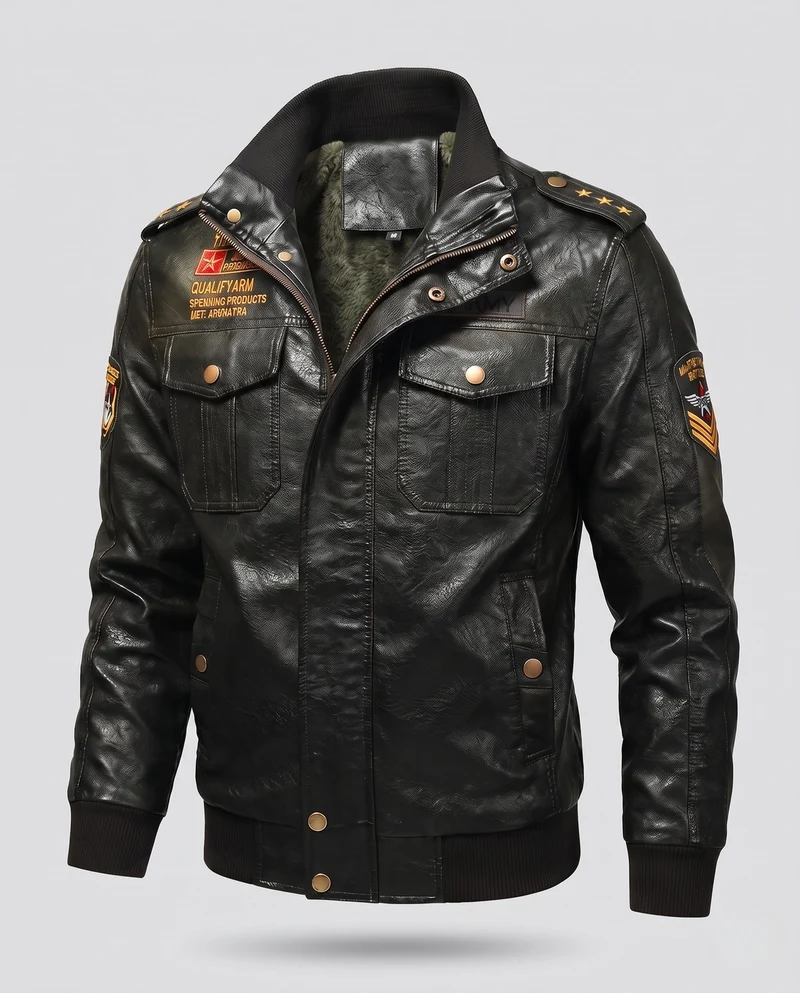 Herren-Pilotjacke aus synthetischem Leder mit wärmendem Teddyfutter und Schulterepauletten Nord Taschen