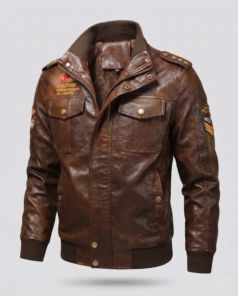 Herren-Pilotjacke aus synthetischem Leder mit wärmendem Teddyfutter und Schulterepauletten Nord Taschen