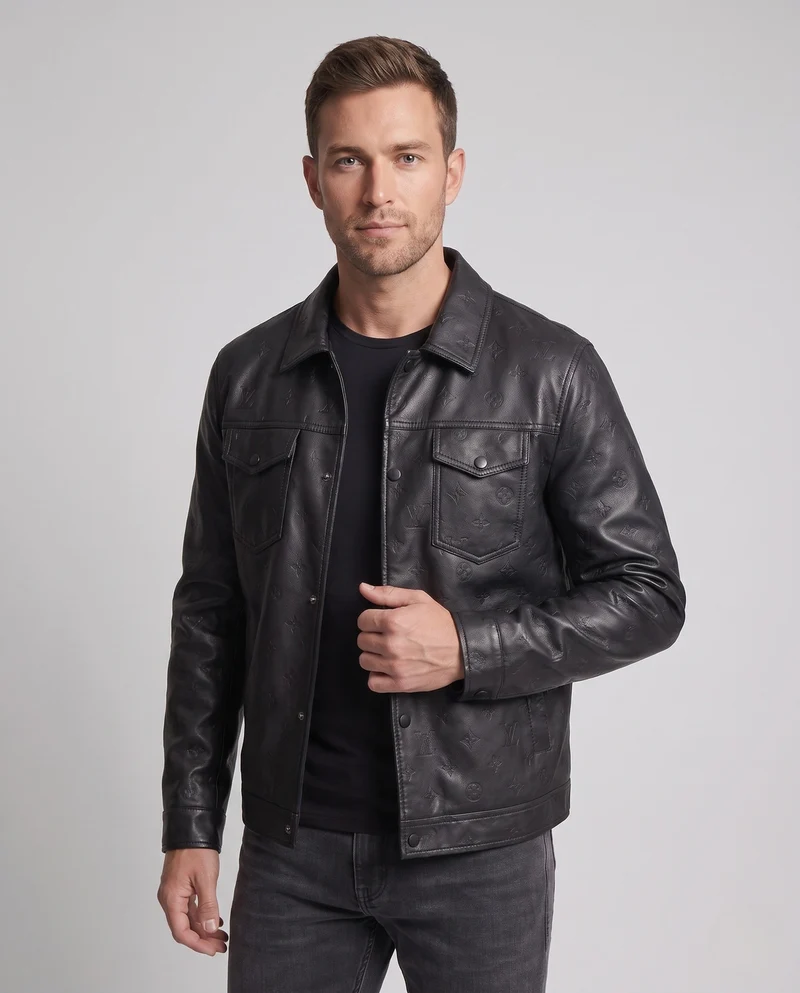 Herren Kunstleder Truckerjacke mit geprägtem Monogramm, Druckknopf-Front und Klapptaschen Nord Taschen