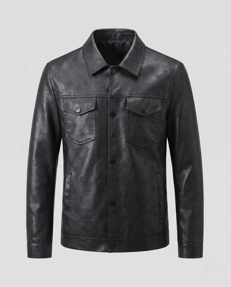 Herren Kunstleder Truckerjacke mit geprägtem Monogramm, Druckknopf-Front und Klapptaschen Nord Taschen