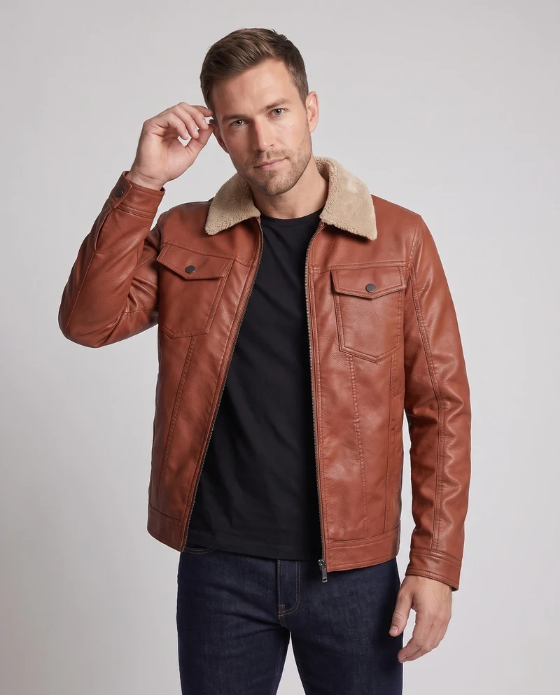 Männer Jacke aus Kunstleder mit Teddykragen und Reißverschluss Nord Taschen