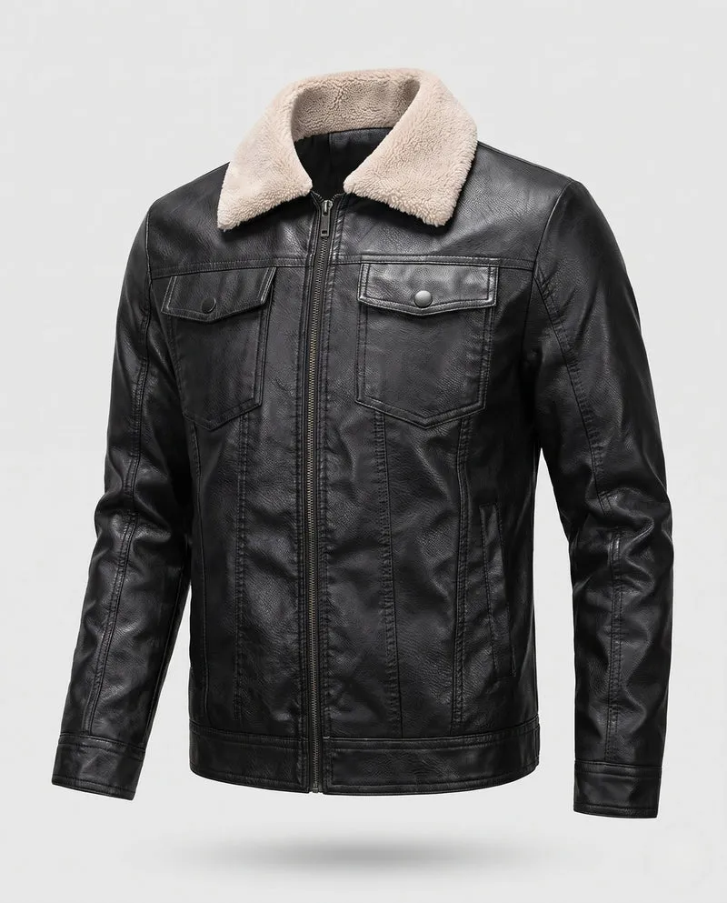 Männer Jacke aus Kunstleder mit Teddykragen und Reißverschluss Nord Taschen