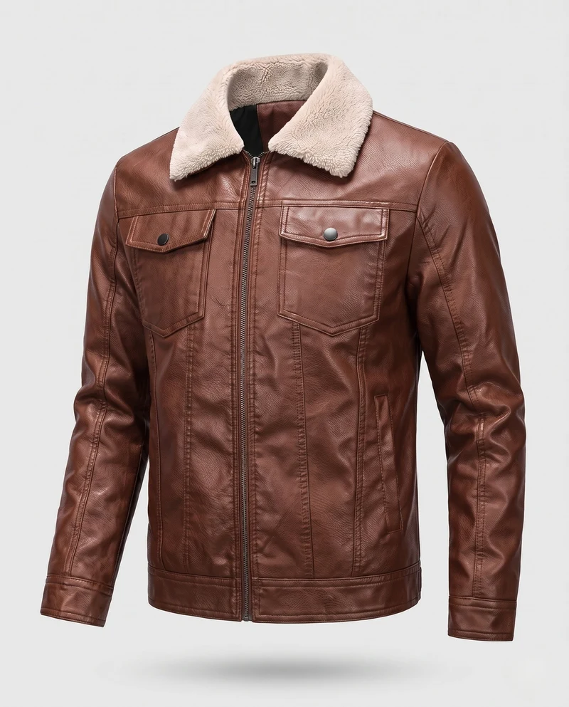 Männer Jacke aus Kunstleder mit Teddykragen und Reißverschluss Nord Taschen