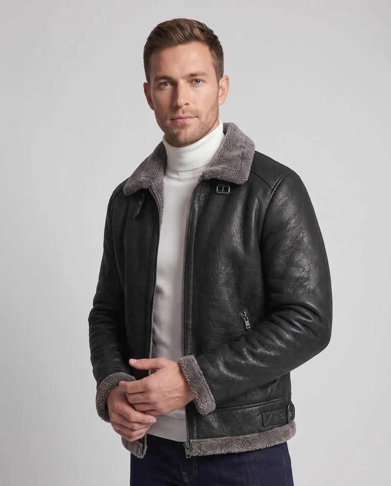 Herrenjacke aus synthetischem Leder mit durchgehendem Teddy-Fleece-Futter und hohem Stehkragen Nord Taschen