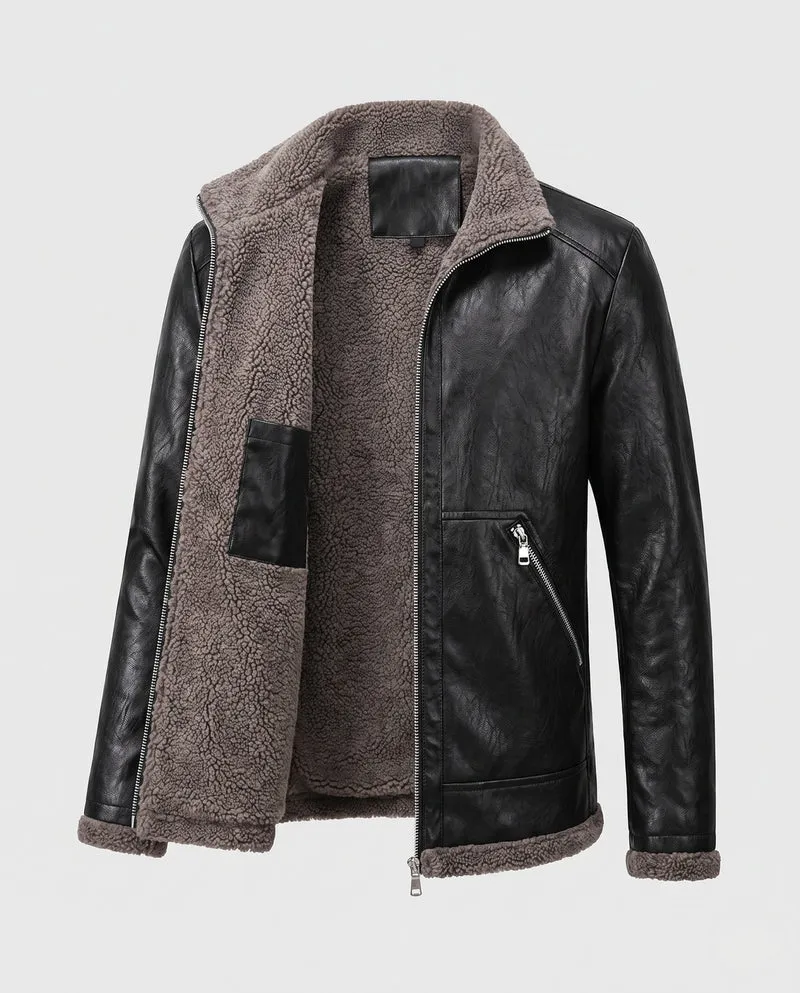 Herrenjacke aus synthetischem Leder mit durchgehendem Teddy-Fleece-Futter und hohem Stehkragen Nord Taschen