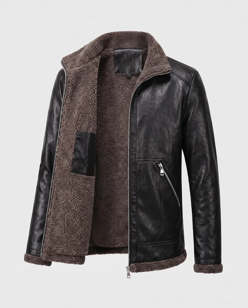 Herrenjacke aus synthetischem Leder mit durchgehendem Teddy-Fleece-Futter und hohem Stehkragen Nord Taschen