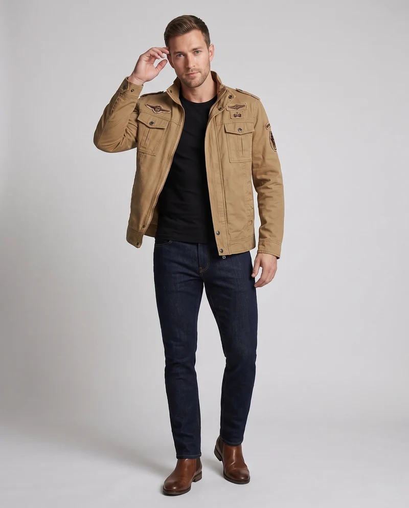 Herren Kurzschnitt Feld-Canvas-Jacke im Militärstil mit Brustklappen Taschen und Stehkragen Nord Taschen