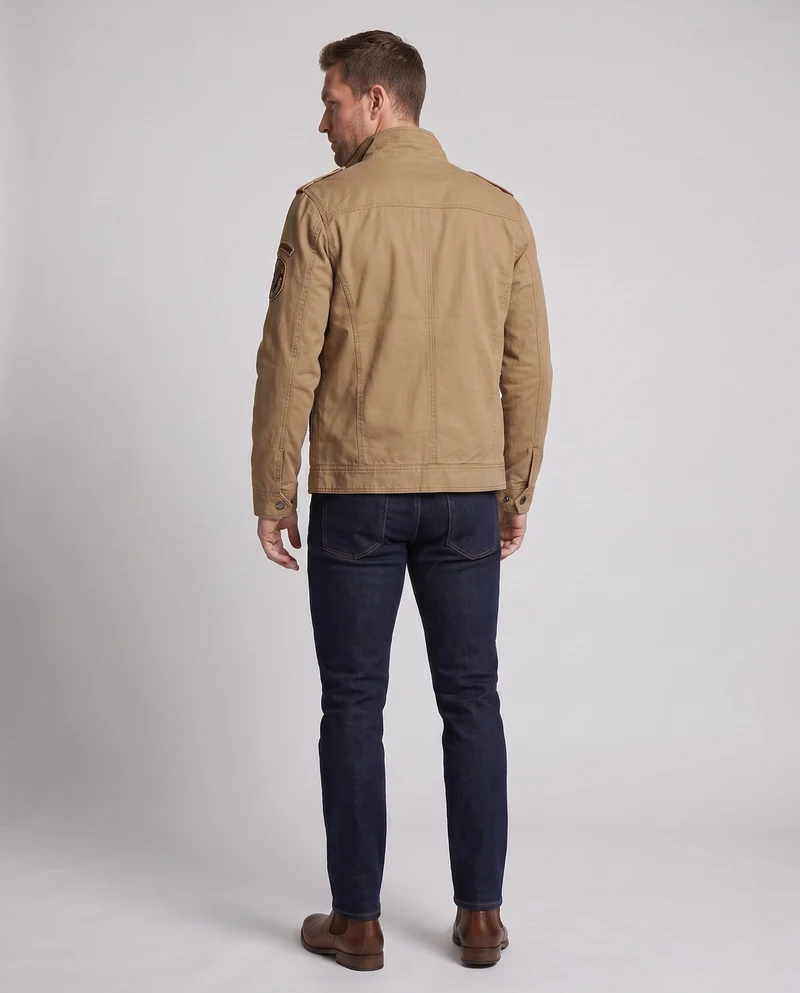 Herren Kurzschnitt Feld-Canvas-Jacke im Militärstil mit Brustklappen Taschen und Stehkragen Nord Taschen