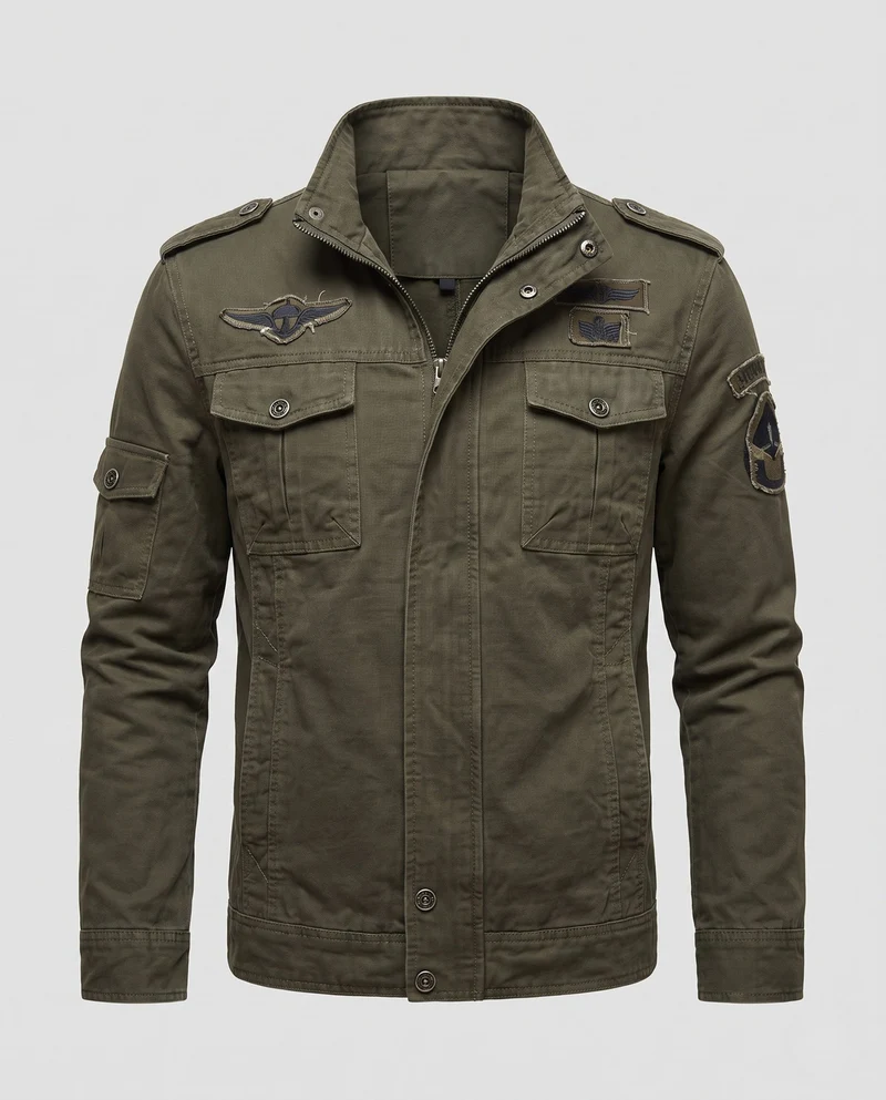 Herren Kurzschnitt Feld-Canvas-Jacke im Militärstil mit Brustklappen Taschen und Stehkragen Nord Taschen