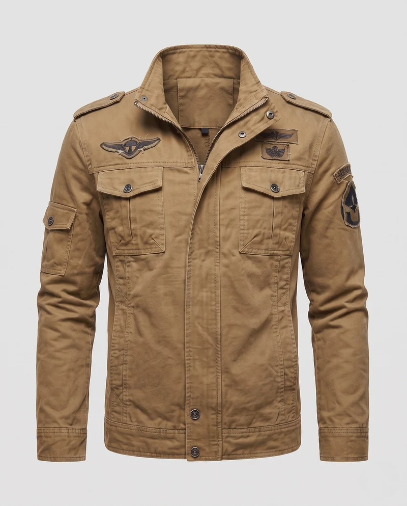 Herren Kurzschnitt Feld-Canvas-Jacke im Militärstil mit Brustklappen Taschen und Stehkragen Nord Taschen