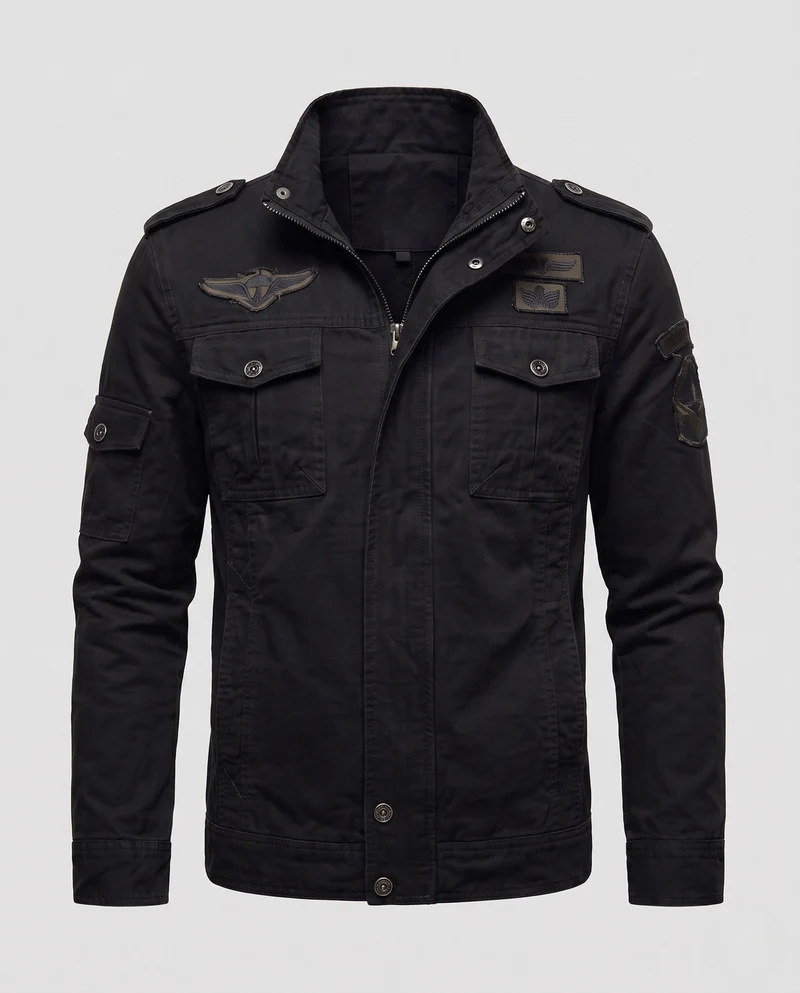Herren Kurzschnitt Feld-Canvas-Jacke im Militärstil mit Brustklappen Taschen und Stehkragen Nord Taschen