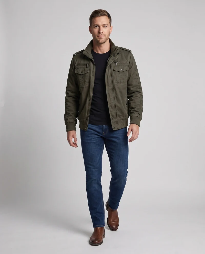 Herren kurz geschnittene Pilotenjacke aus Canvas mit verstecktem thermo Futter und Schulterklappen Nord Taschen