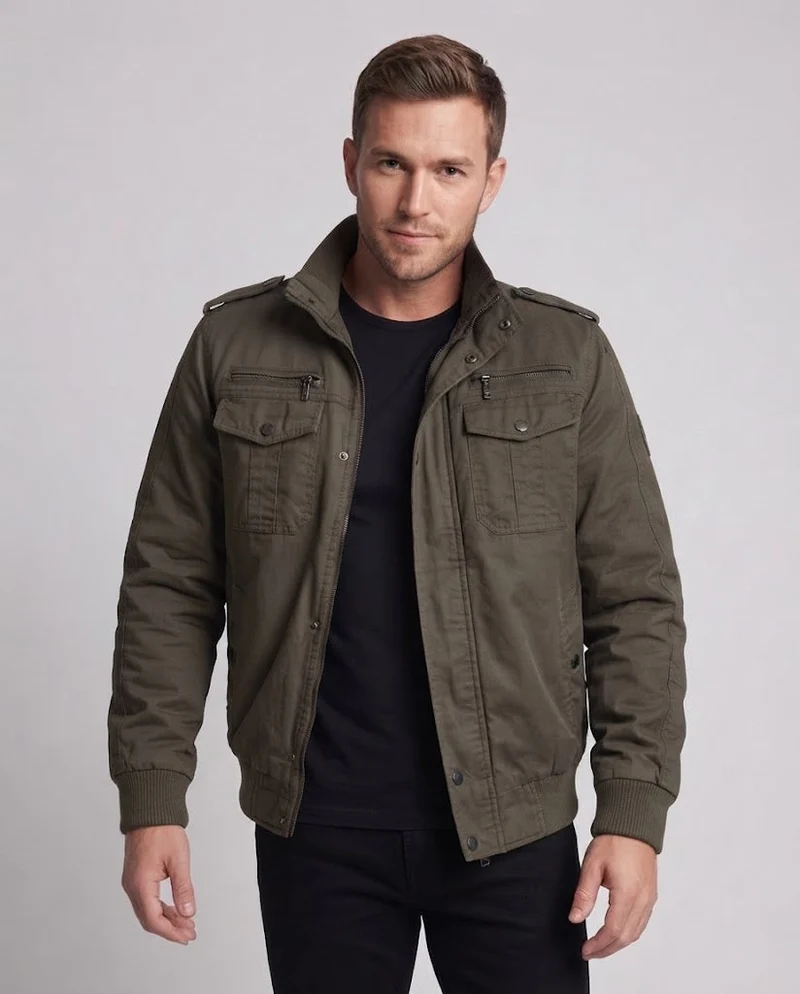 Herren kurz geschnittene Pilotenjacke aus Canvas mit verstecktem thermo Futter und Schulterklappen Nord Taschen