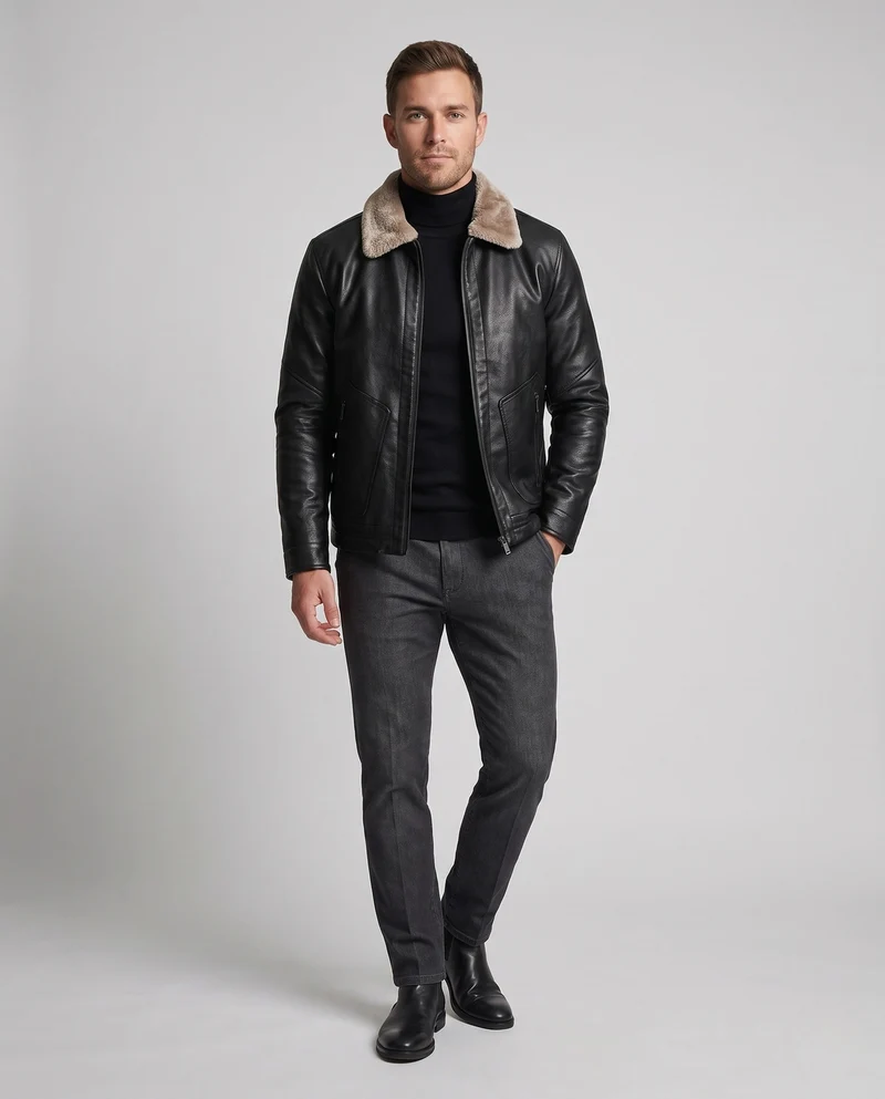 Herren Kurzjacke im Pilotenlook mit Kunstfellkragen und wärmender Wattierung Nord Taschen