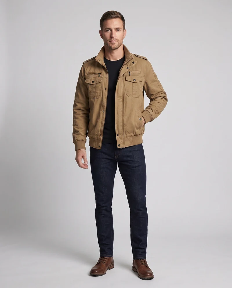 Herren Kurzschnitt Canvas Blouson mit Stehkragen und Multifunktionstaschen Nord Taschen
