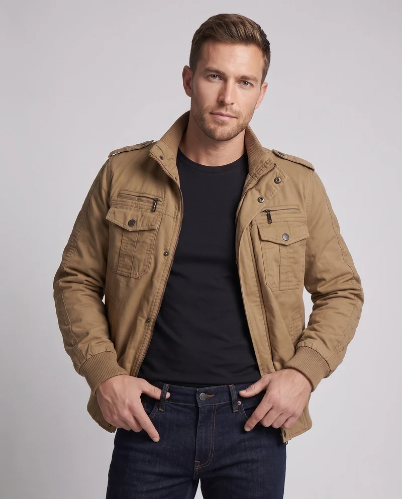 Herren Kurzschnitt Canvas Blouson mit Stehkragen und Multifunktionstaschen Nord Taschen