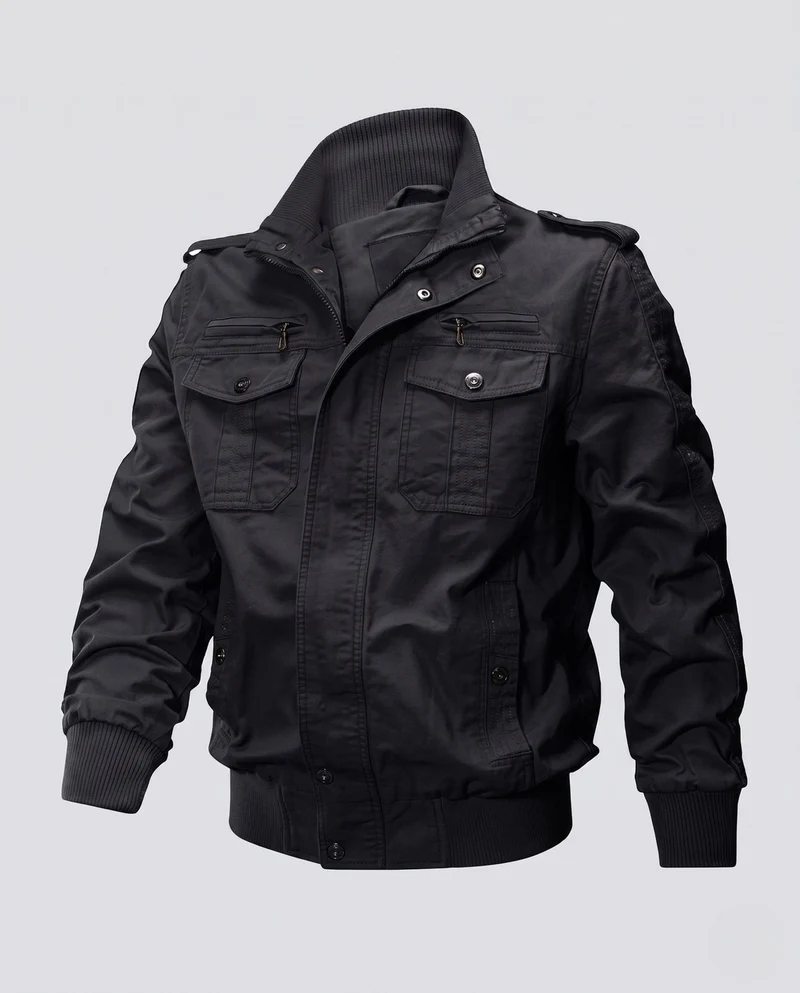 Herren Kurzschnitt Canvas Blouson mit Stehkragen und Multifunktionstaschen Nord Taschen