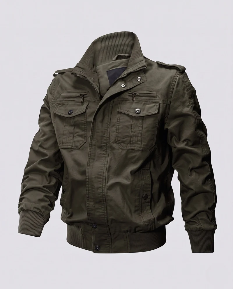 Herren Kurzschnitt Canvas Blouson mit Stehkragen und Multifunktionstaschen Nord Taschen