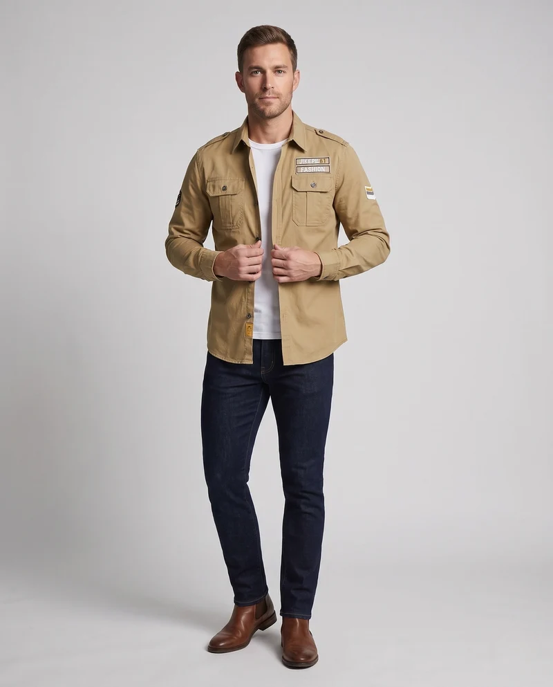 Herren Langarm Utility-Shirt mit Schulterklappen und Brusttaschen Nord Taschen