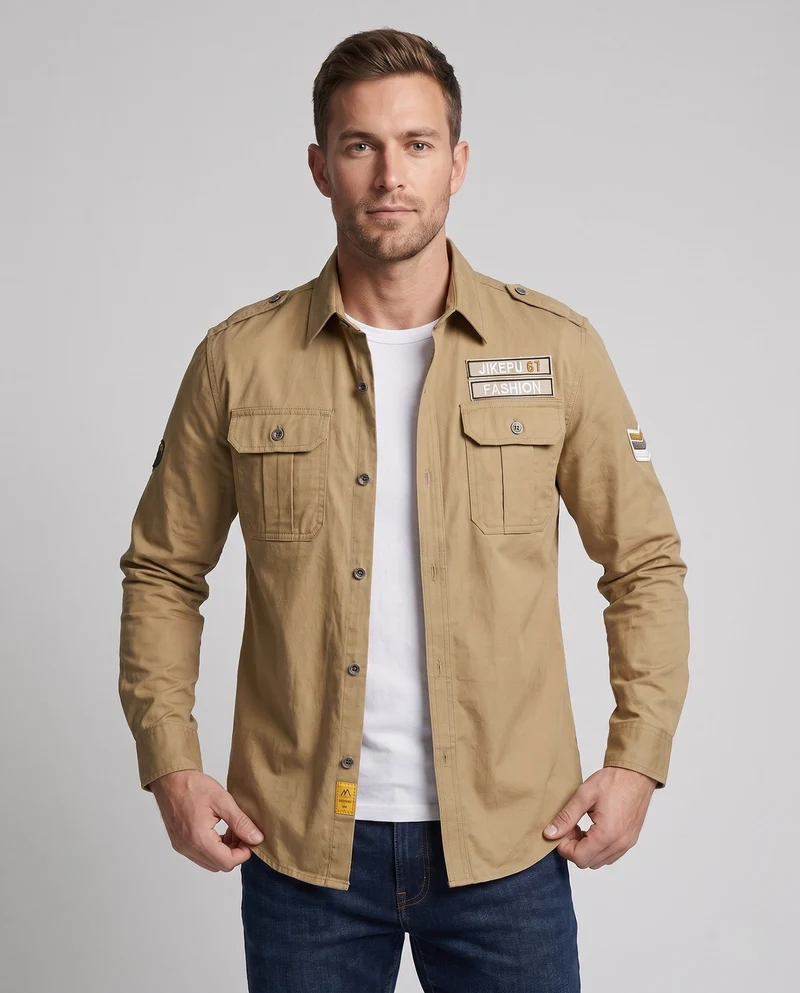 Herren Langarm Utility-Shirt mit Schulterklappen und Brusttaschen Nord Taschen