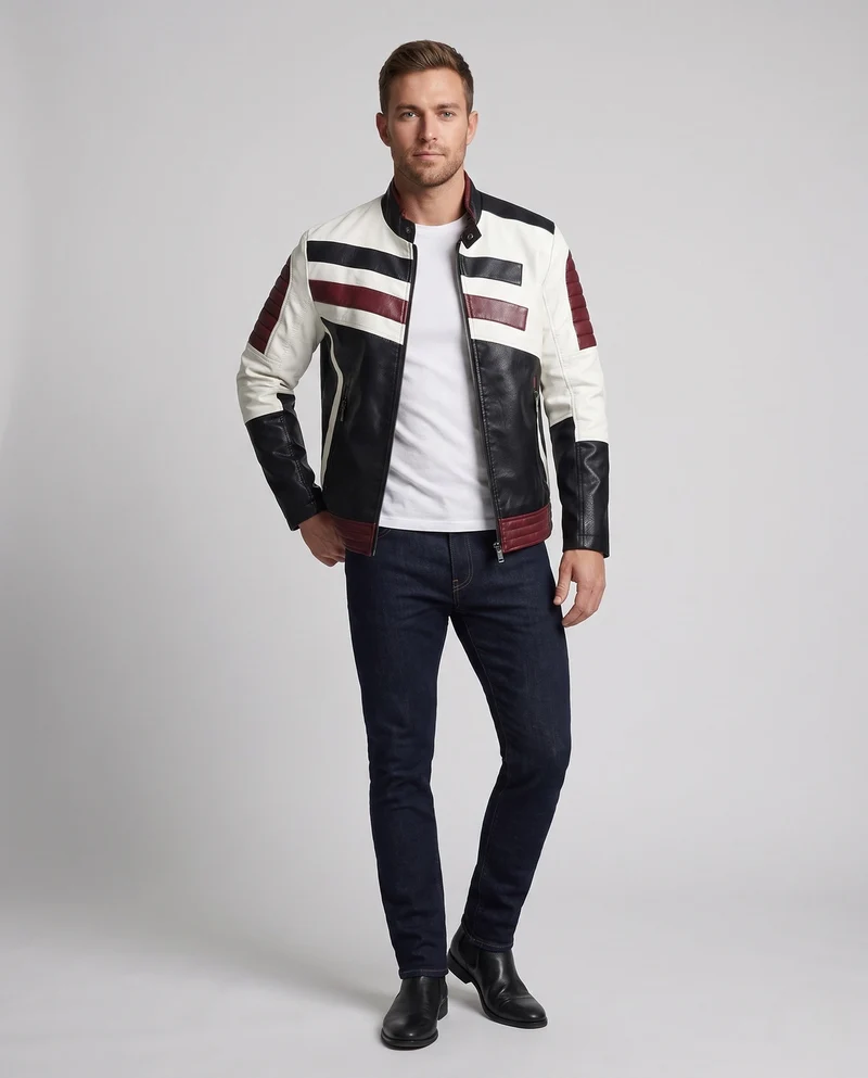 Herren Lederlook Bikerjacke mit Farbblockdesign, gesteppte Ärmel und Saumfinish Nord Taschen