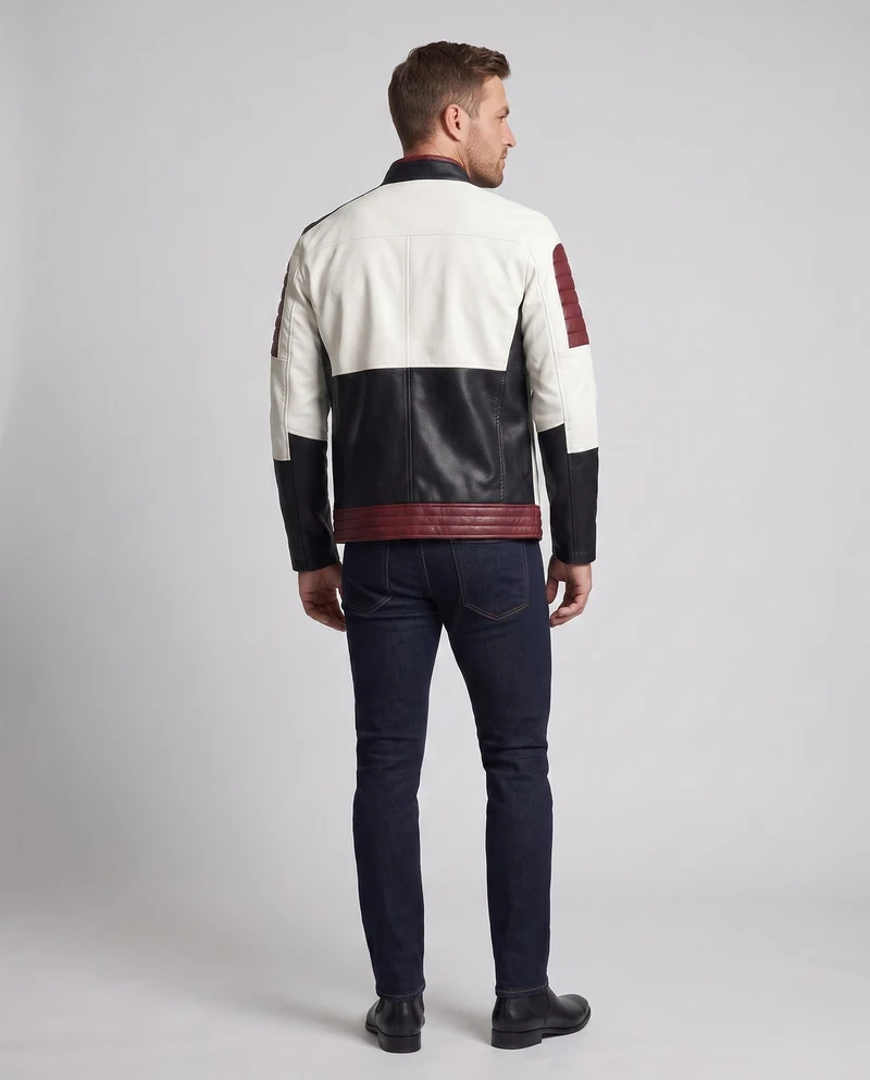 Herren Lederlook Bikerjacke mit Farbblockdesign, gesteppte Ärmel und Saumfinish Nord Taschen