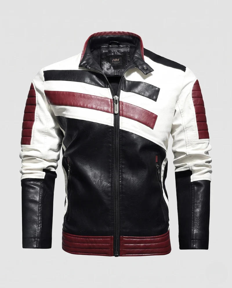 Herren Lederlook Bikerjacke mit Farbblockdesign, gesteppte Ärmel und Saumfinish Nord Taschen