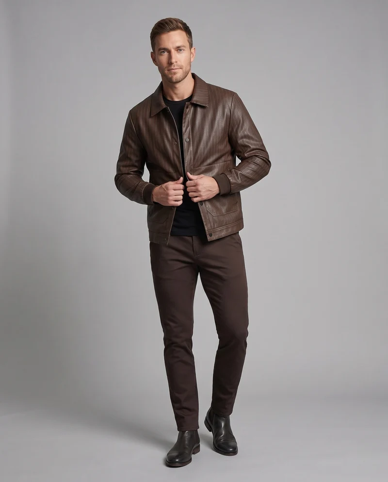 Herren-Faux-Leder-Blouson mit Nadelstreifen, Druckknopf-Front und gerippten Bündchen Nord Taschen