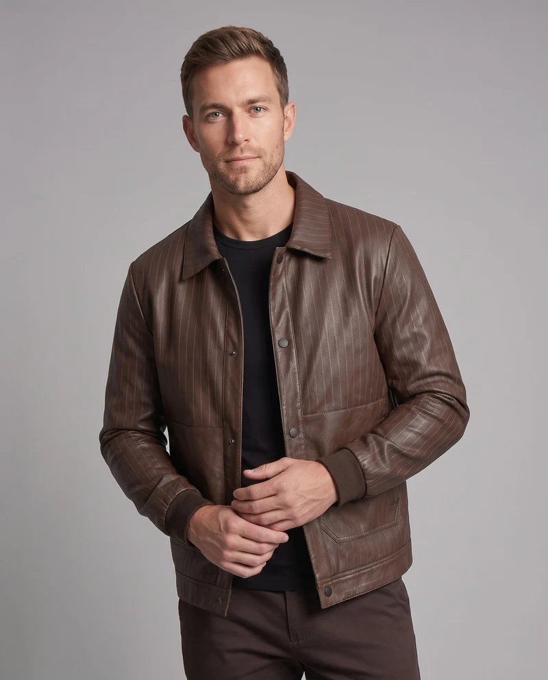 Herren-Faux-Leder-Blouson mit Nadelstreifen, Druckknopf-Front und gerippten Bündchen Nord Taschen