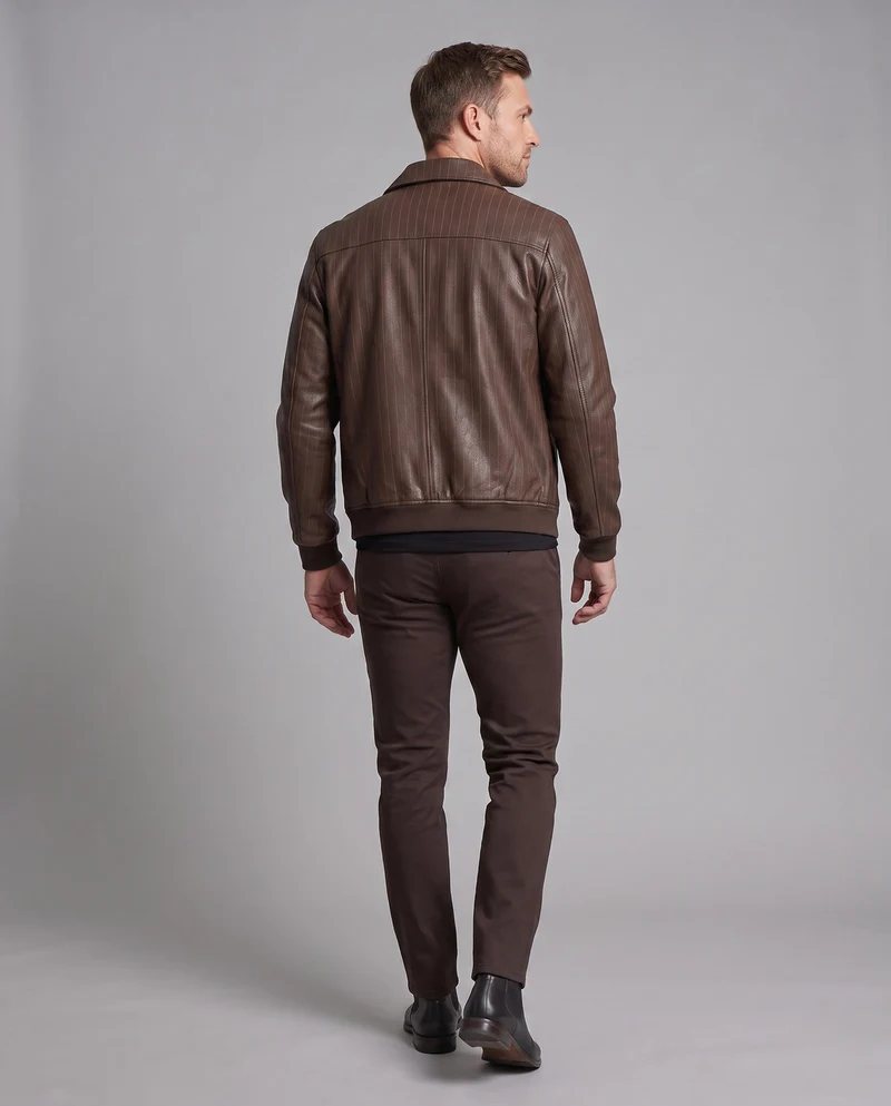 Herren-Faux-Leder-Blouson mit Nadelstreifen, Druckknopf-Front und gerippten Bündchen Nord Taschen
