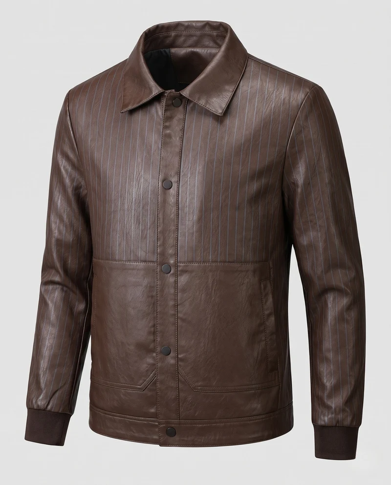 Herren-Faux-Leder-Blouson mit Nadelstreifen, Druckknopf-Front und gerippten Bündchen Nord Taschen