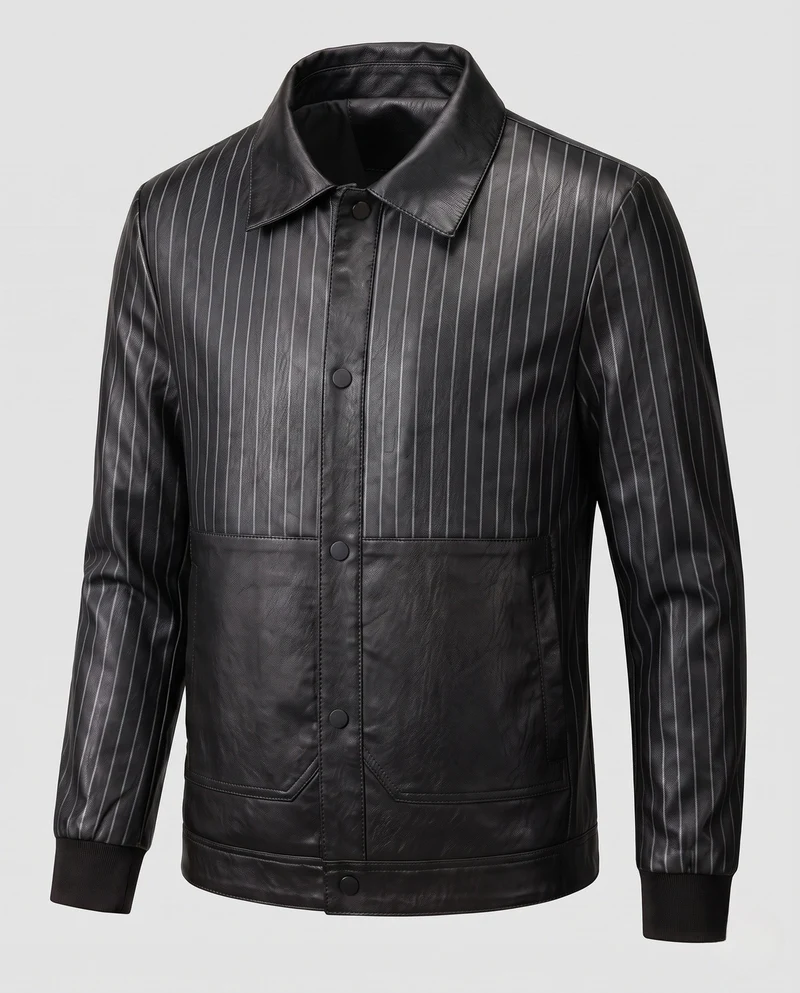 Herren-Faux-Leder-Blouson mit Nadelstreifen, Druckknopf-Front und gerippten Bündchen Nord Taschen